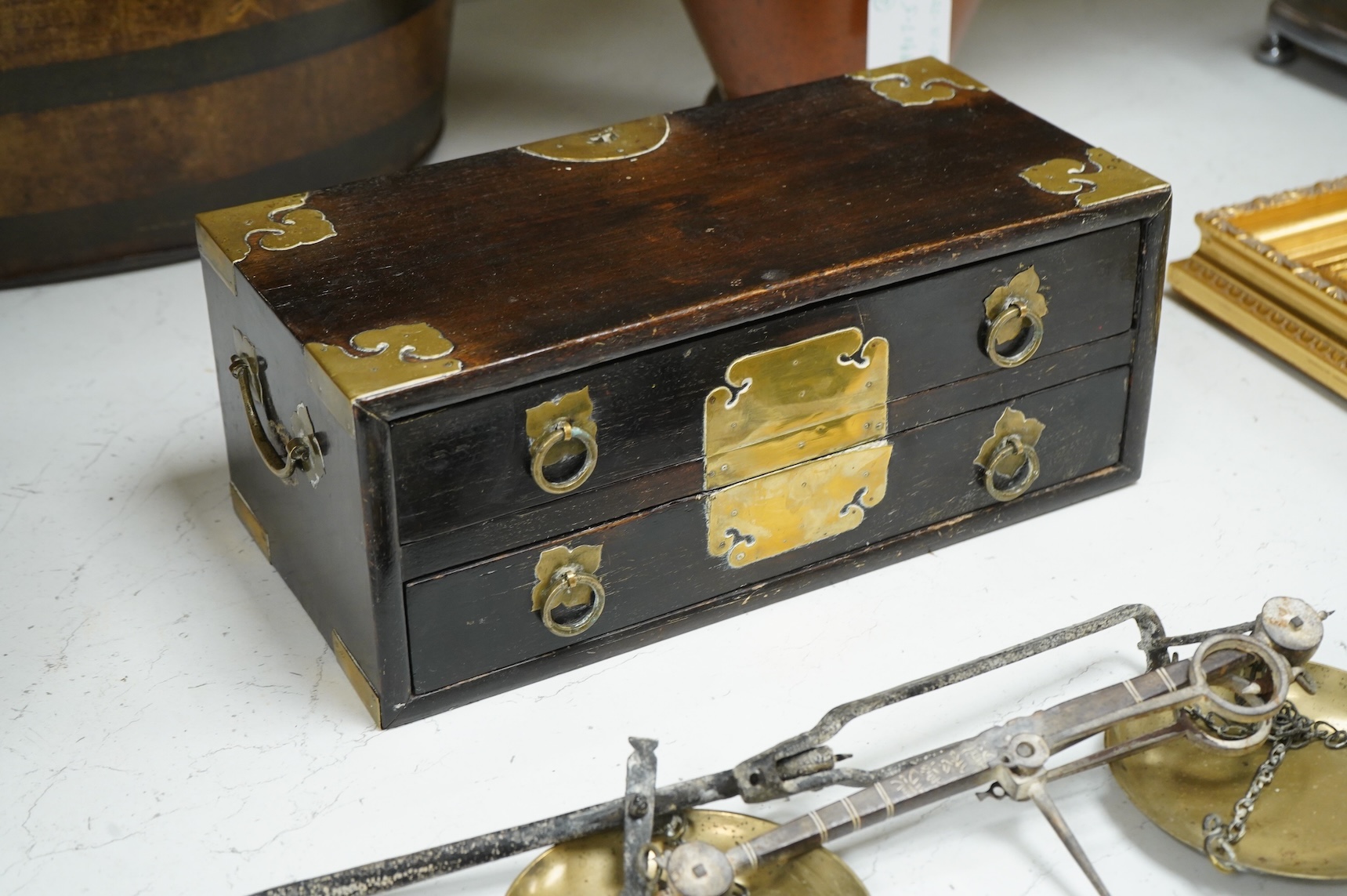 A pair of 19th century Japanese wood and brass mounted scales and weights, 31.5cm wide